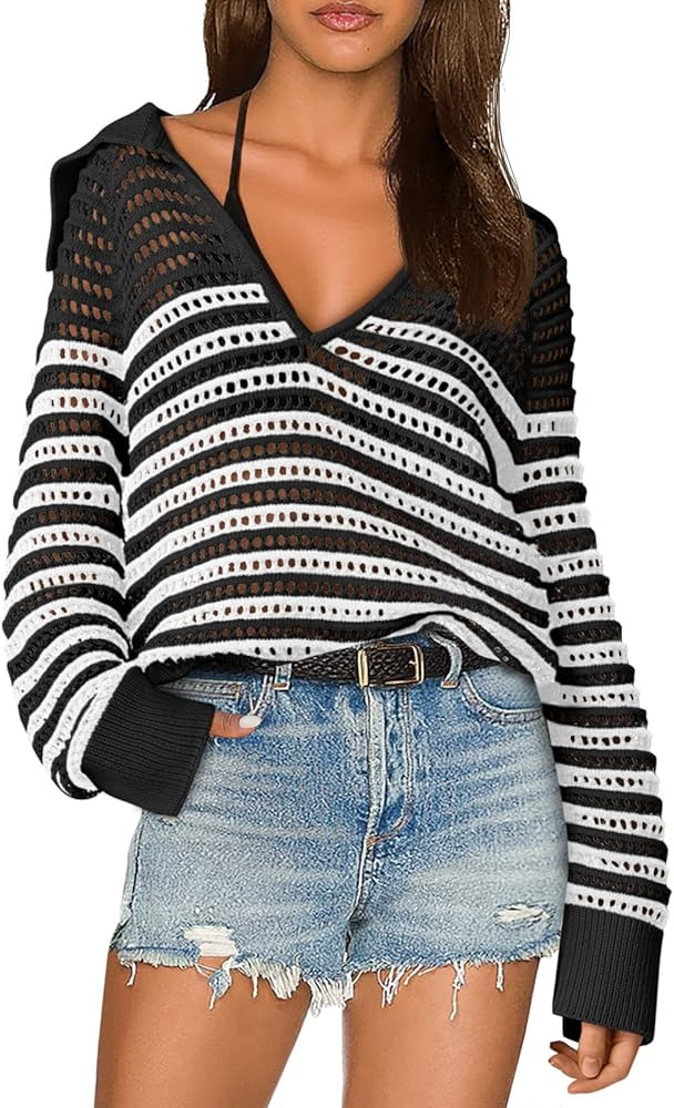Saodimallsu Womens Crochet Striped Sweater Top Long Sleeve Spring Summer V Neck Collared Trendy L... | Amazon (US)