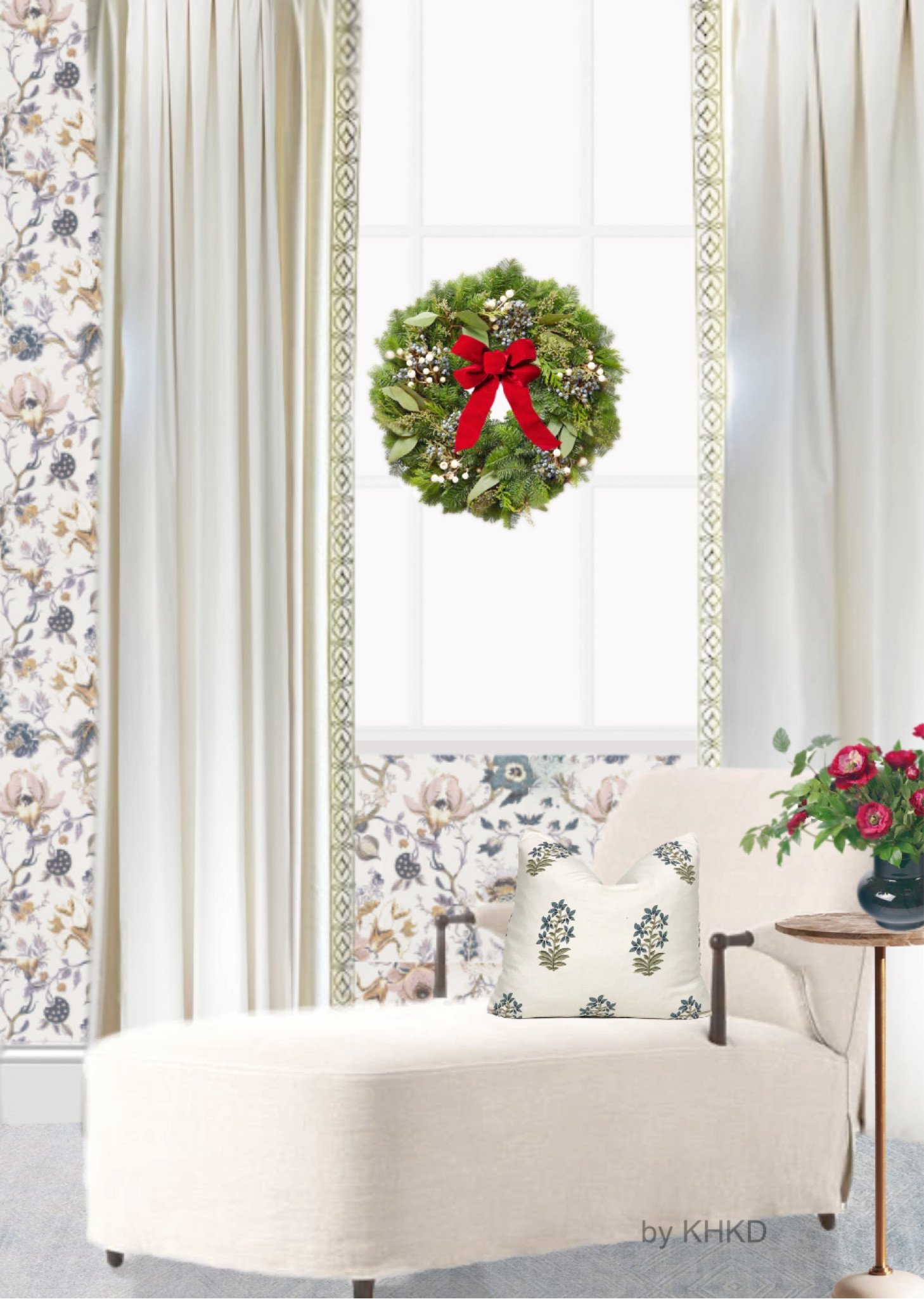 This vignette we designed features a relaxing yet elegant chaise by Amber Levis for Four Hands. We elevate the traditional red and green Christmas palette with a more quiet version—- a large portion of winter white with a pop of red from wreath bow and rose arrangement.  The blue from the wallpaper, pillow  and the area rug is soothing. The  marble side table brings in a touch of holiday glam. The blue soft to touch handknotted rug anchors the space with coziness. #chaise #holidaydecor

#LTKHoliday #LTKHome #LTKGiftGuide