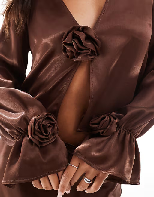 ASOS DESIGN satin corsage tie front blouse in chocolate | ASOS | ASOS (Global)
