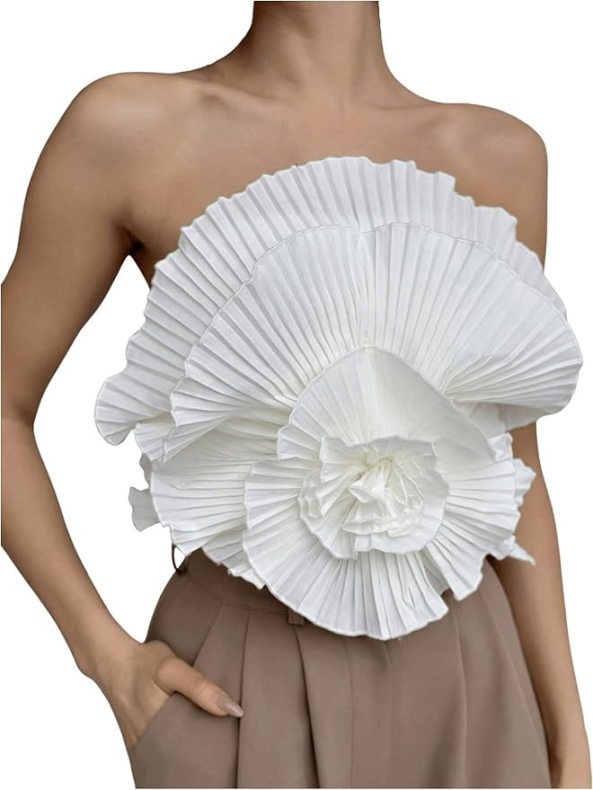 OYOANGLE Women's 3D Flower Decor Strapless Sleeveless Bandeau Top Slim Fit Solid Cropped Tube Top... | Amazon (US)