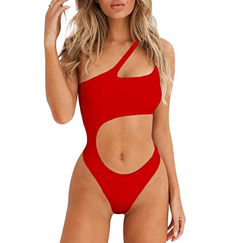 SherryDC Women's Sexy Cutout One Shoulder High Cut Cheeky One Piece Swimsuit Bathing Suit Red | Amazon (US)
