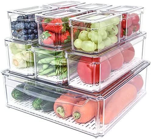 Pomeat 10 Pack Fridge Organizer, Stackable Refrigerator Organizer Bins with Lids, BPA-Free Produce F | Amazon (US)