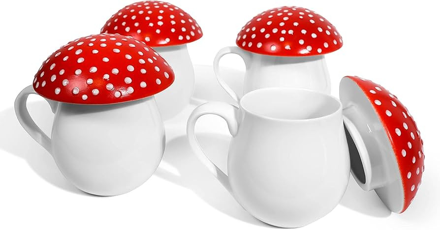 Upper Midland Products Mushroom Mugs | Ceramic Mushroom Coffee Mug with Lid | Set of 4 Mushroom C... | Amazon (US)