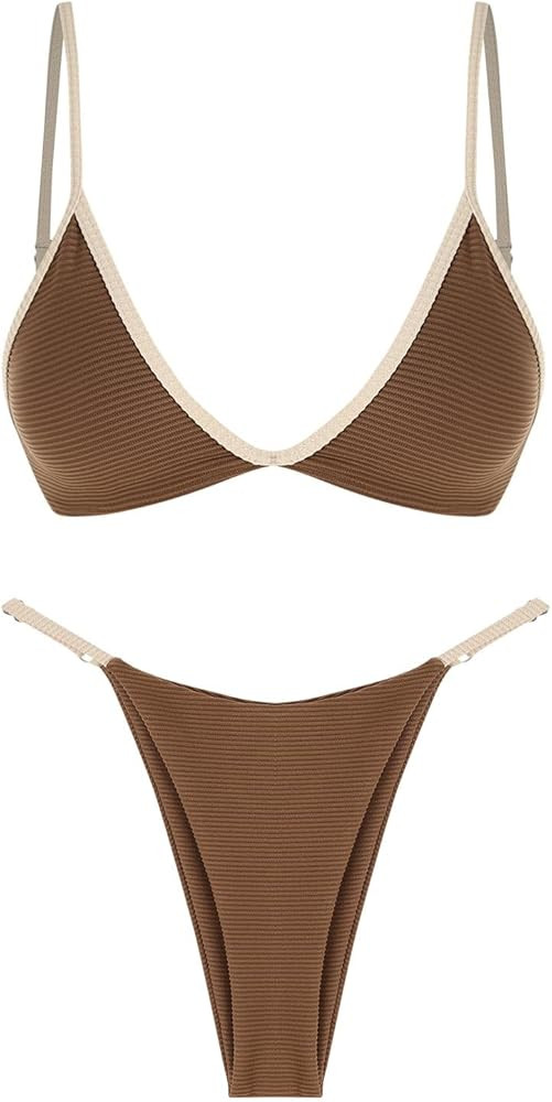 ZAFUL Bikini Sets for Women Triangle Textured Plunging High Cut Cheeky Bikini Swimsuits Two Piece... | Amazon (US)