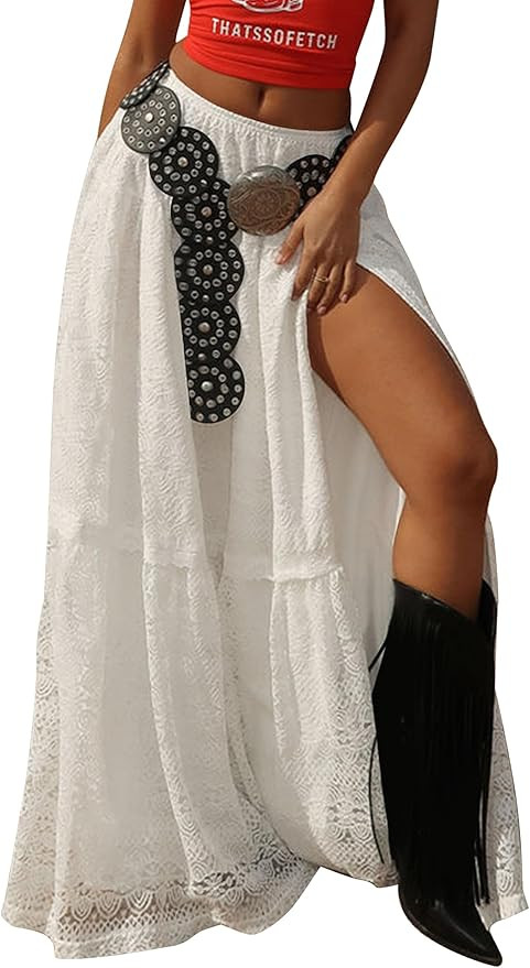 MISSACTIVER Womens Lace Maxi Skirt Sexy High Slit Sheer Mesh Long Skirt See Through Flowy Boho Be... | Amazon (US)