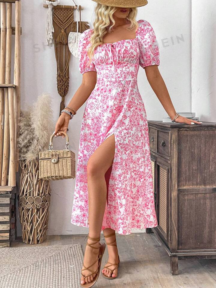 5PARTHEA Puff Sleeve High Split Floral Print Dress90+ sold recentlyGBP£17.49-8% | SHEIN