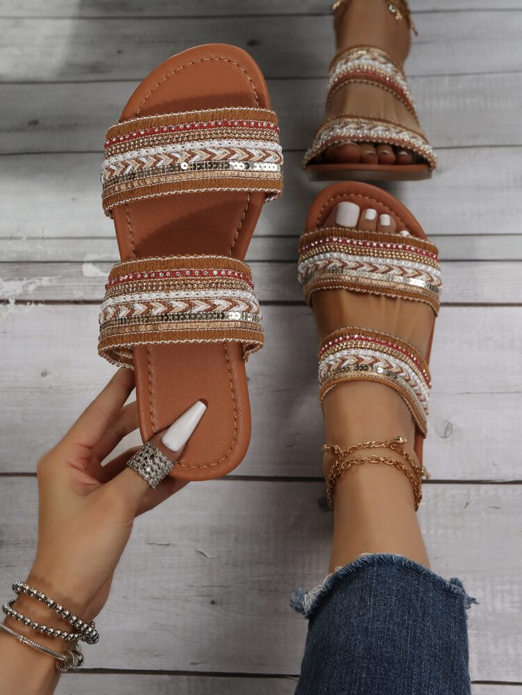Colorblock Embroidery Detail Slide Sandals | SHEIN