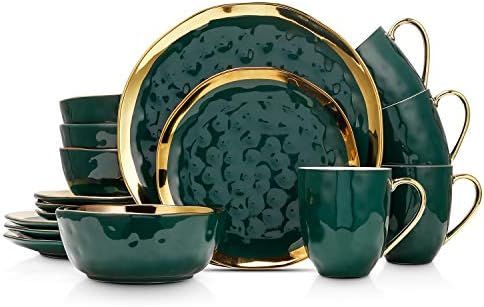 Stone Lain Porcelain 16 Piece Dinnerware Set, Service for 4, Green and Golden Rim | Amazon (US)