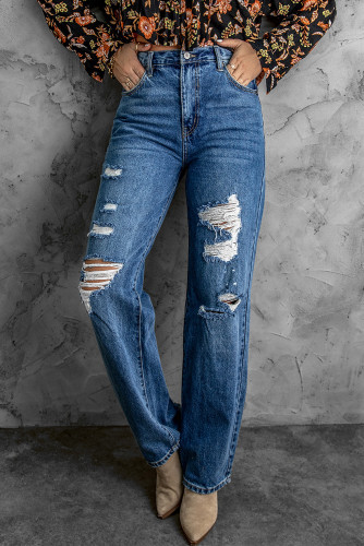 Blue Casual Distressed High Waist Straight Leg Jeans | Shewin