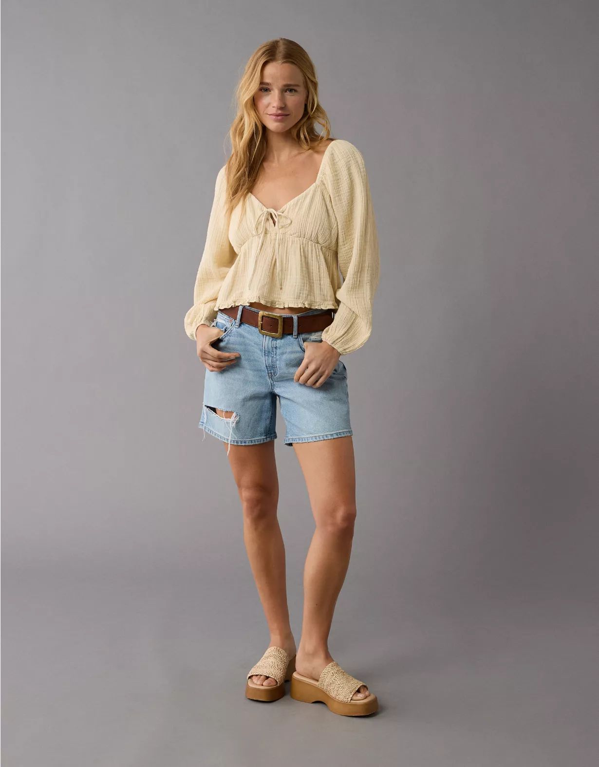 AE Ruched Long-Sleeve Babydoll Top | American Eagle Outfitters (US & CA)