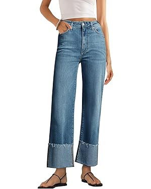 KUNMI Women's Wide Leg Jeans High Waisted Straight Leg Stretchy Denim Pants with Pockets | Amazon (US)