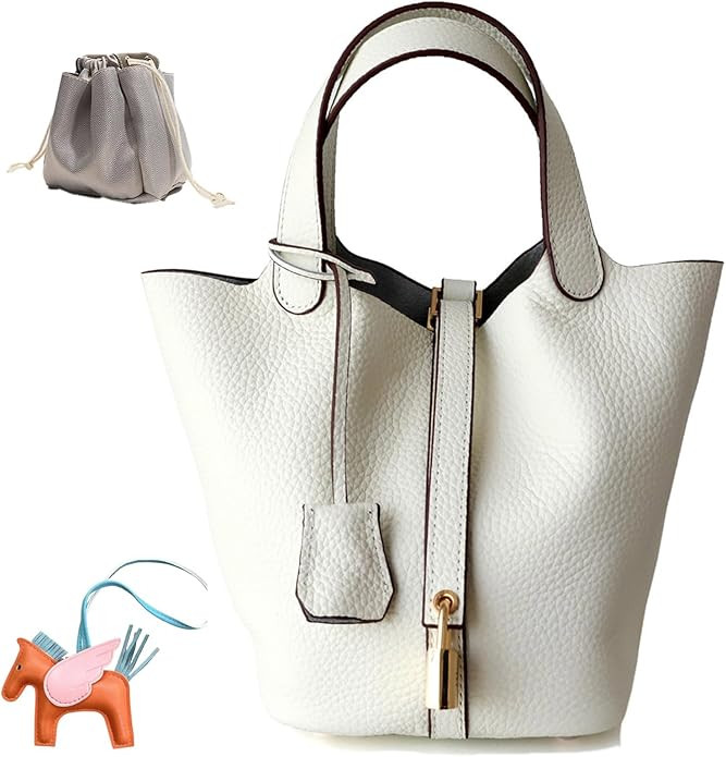 Genuine Leather Women's Bucket Bag Fashionable Lock Closure, Elegant Portable Shoulder Bag for Da... | Amazon (US)