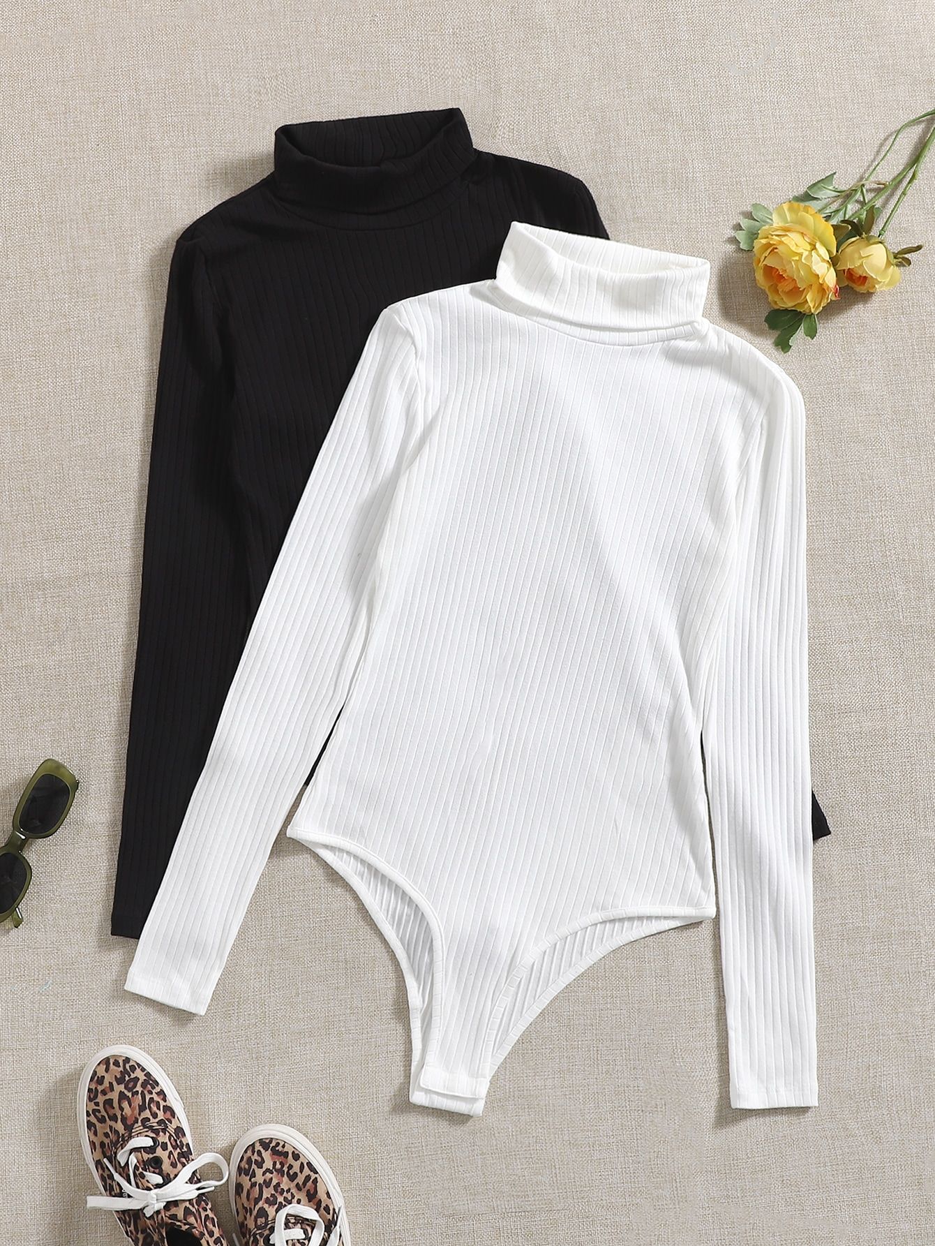 SHEIN EZwear 2pcs Turtle Neck Ribbed Knit Bodysuit | SHEIN