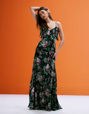 Mango chiffon ruffle maxi dress in deep floral print | ASOS (Global)