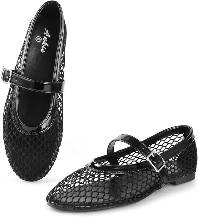 Ankis Mesh Ballet Flats for Women, Black Mesh Flats Buckle Strap Mary Jane Ballerina Flats Women'... | Amazon (US)