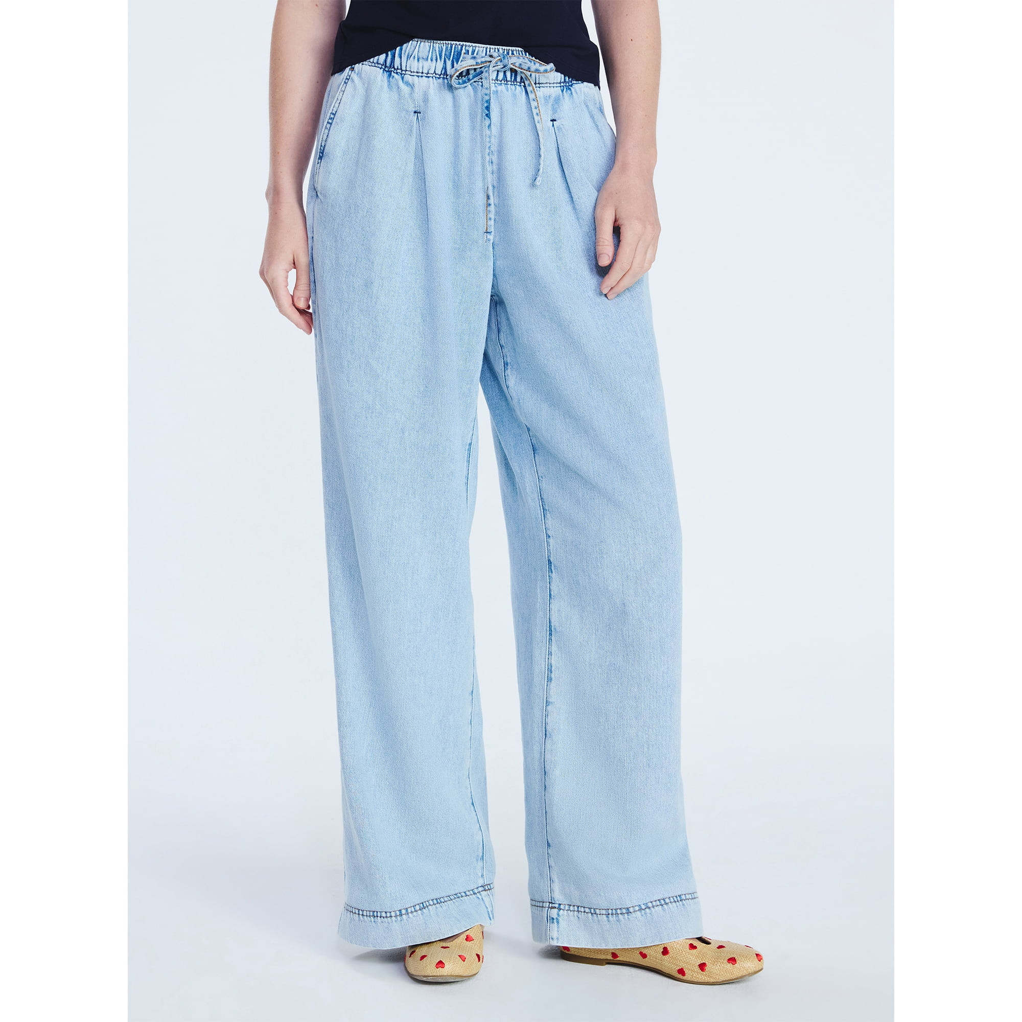 Free Assembly Women's and Women's Plus Loose Fitting Wide Leg Jeans with Adjustable Tie Waist, 29... | Walmart (US)