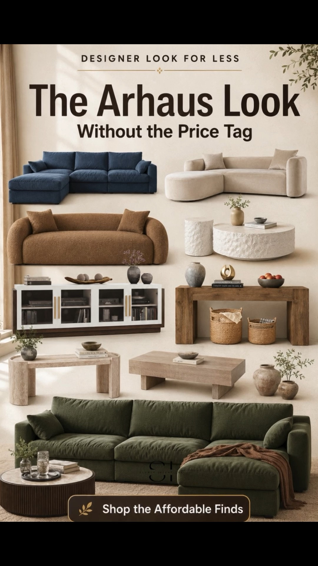 Amazon finds for the designer look for less! arhaus dupe, designer look for less, modern organic living room, neutral home decor, curved boucle sofa, textured coffee table, affordable furniture finds, earthy interior, green sectional couch, modern media console

#LTKHome