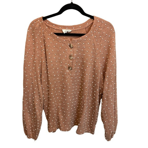 Perch by Blu Pepper Polka Dot Henley Style Tan Long Sleeve Sweater Size 2XL | Poshmark