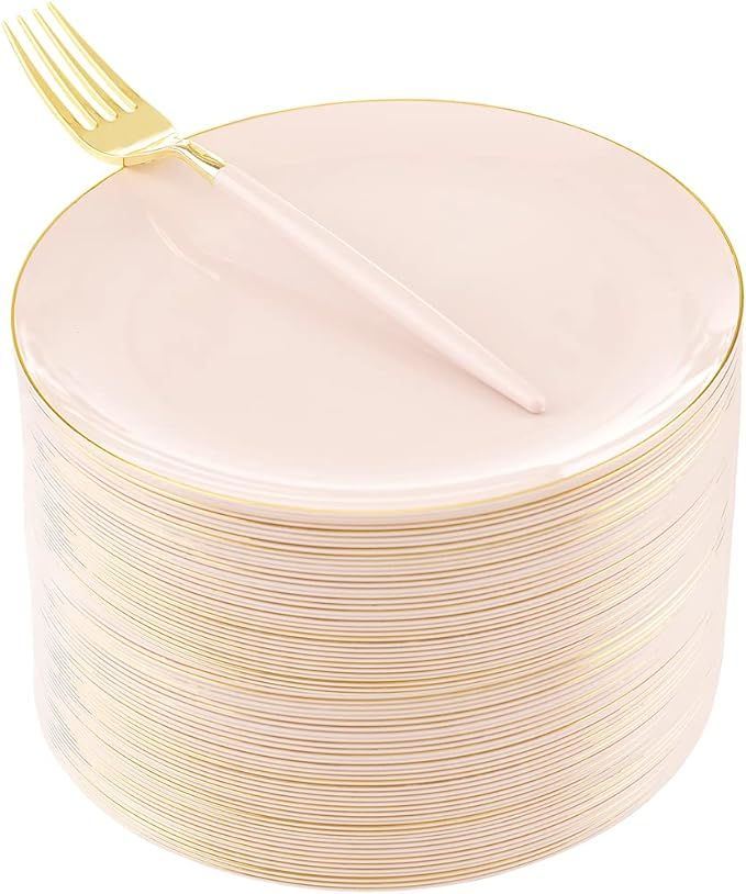 THALIA 48pcs Pink Plastic Plates with 48pcs Pink Dessert Forks,Gold and Pink Desert Plates,Plasti... | Amazon (US)