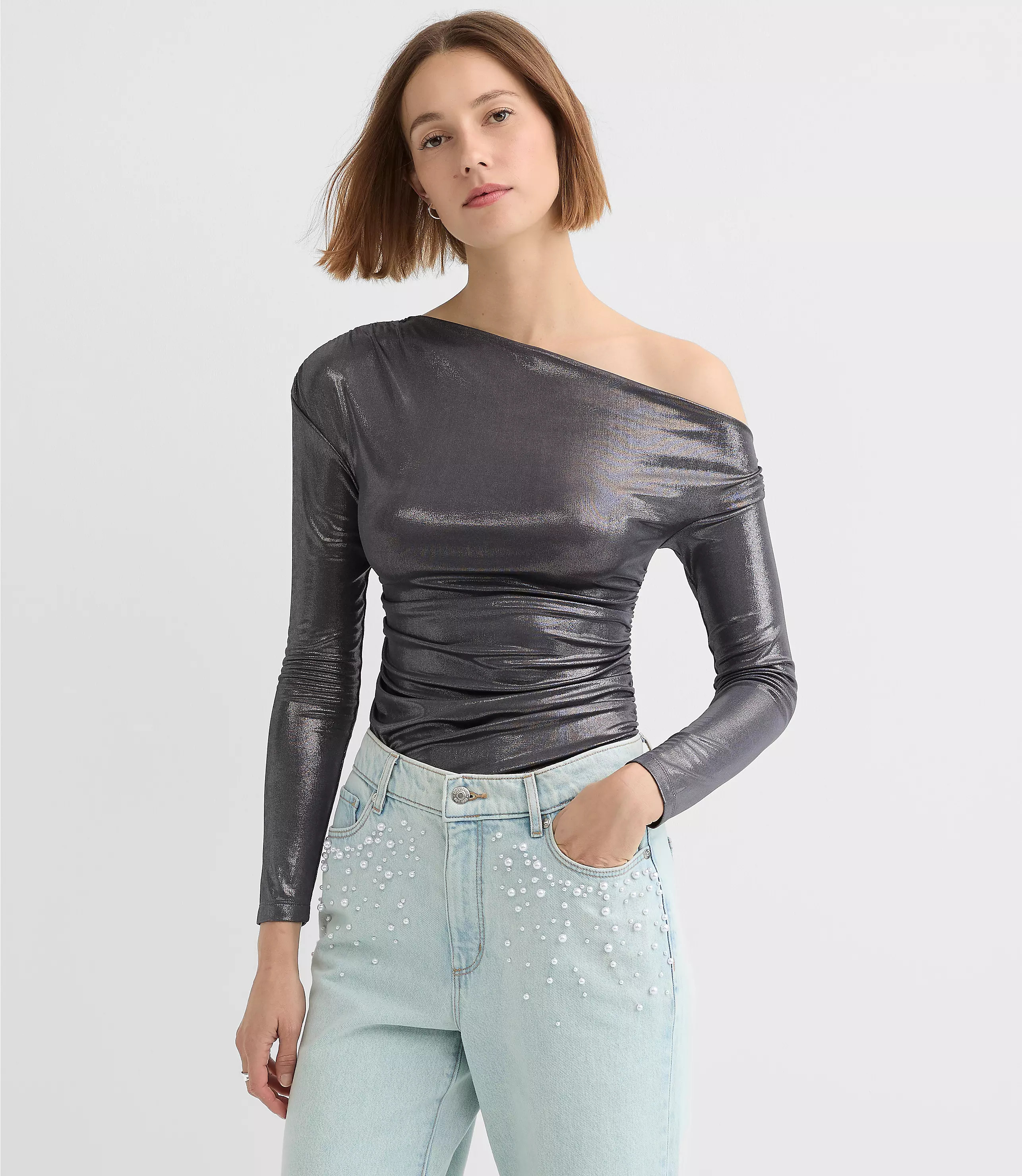 Metallic Asymmetrical Ruched Off The Shoulder Top | LOFT