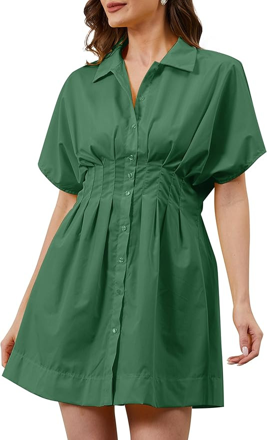 Women Button Down Pleated Shirt Dress Summer Short Sleeve Blouse Striped Print Corset Mini Dresse... | Amazon (US)