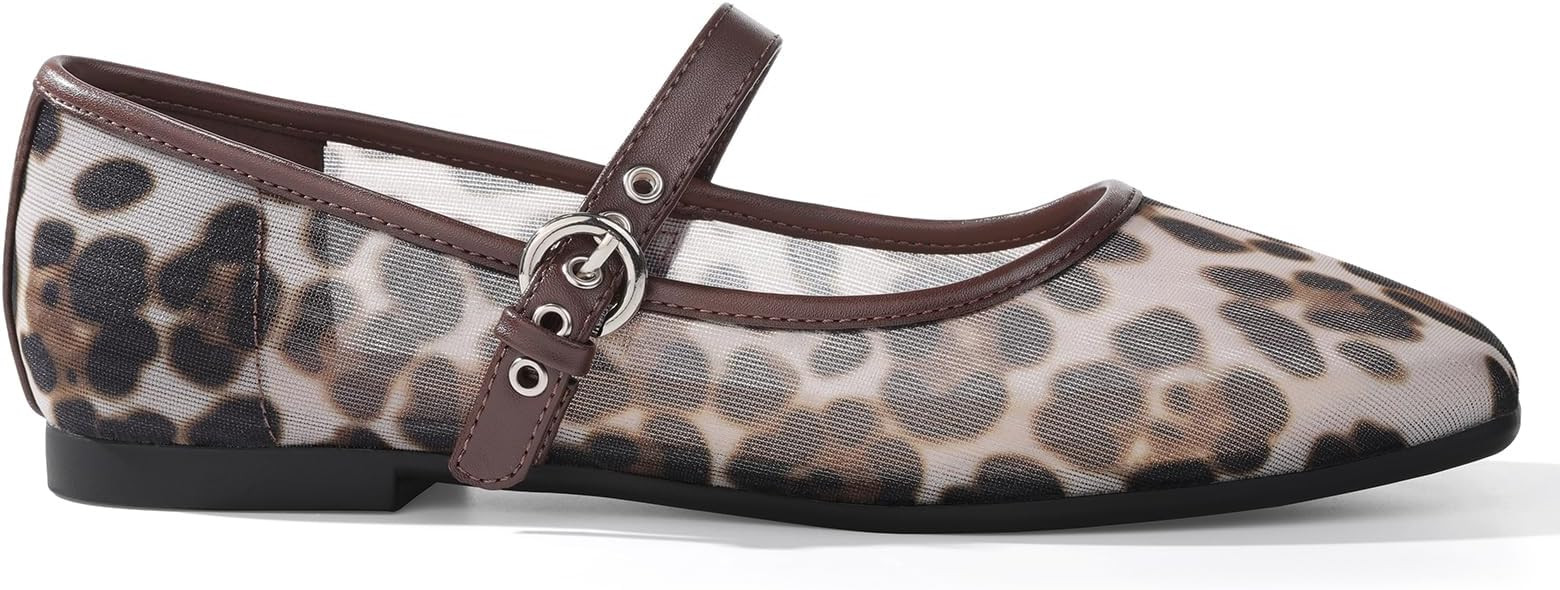 ATHMILE Women's Leopard Mesh Flats Mary Janes Shoes Square Toe Ballet Flats | Adjustable Strap Sl... | Amazon (US)