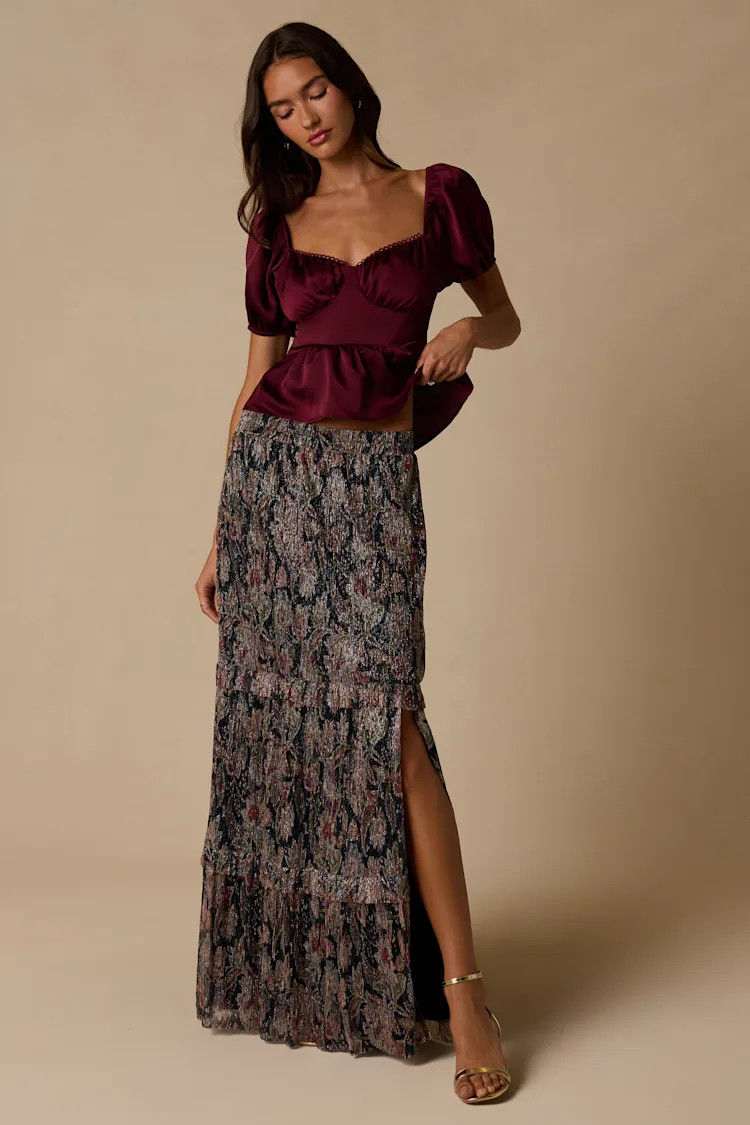 Dimitria Black Multi Floral Lurex Maxi Skirt | Lulus