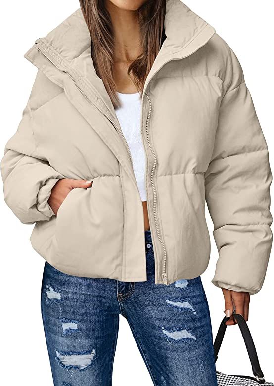 MEROKEETY Women's Winter Long Sleeve Zip Puffer Jacket Stand Collar Baggy Short Down Coats with P... | Amazon (US)