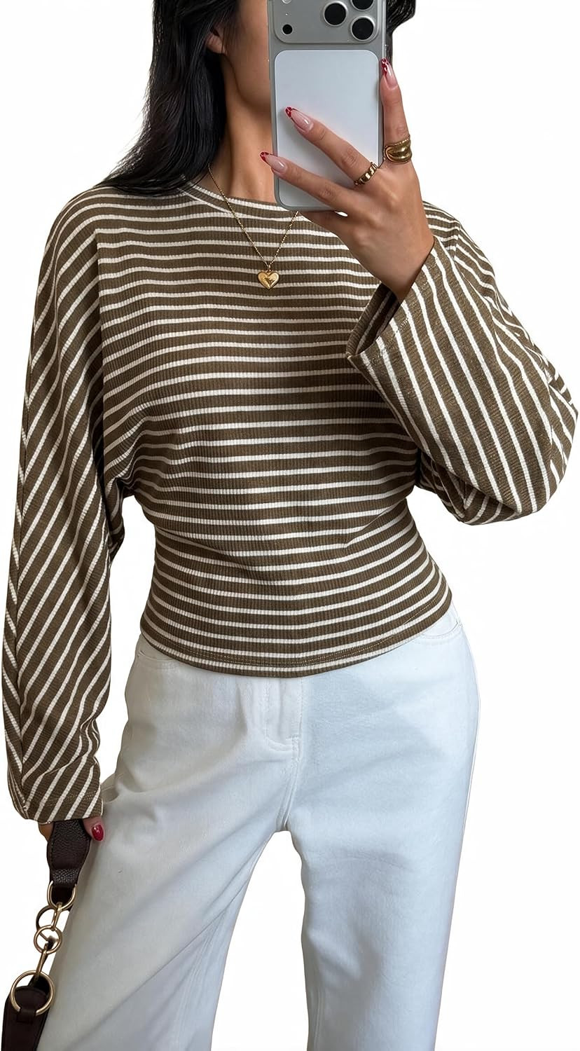 Narecte Womens Long Sleeve Tops Cinched Waist Striped Pullover | Amazon (US)
