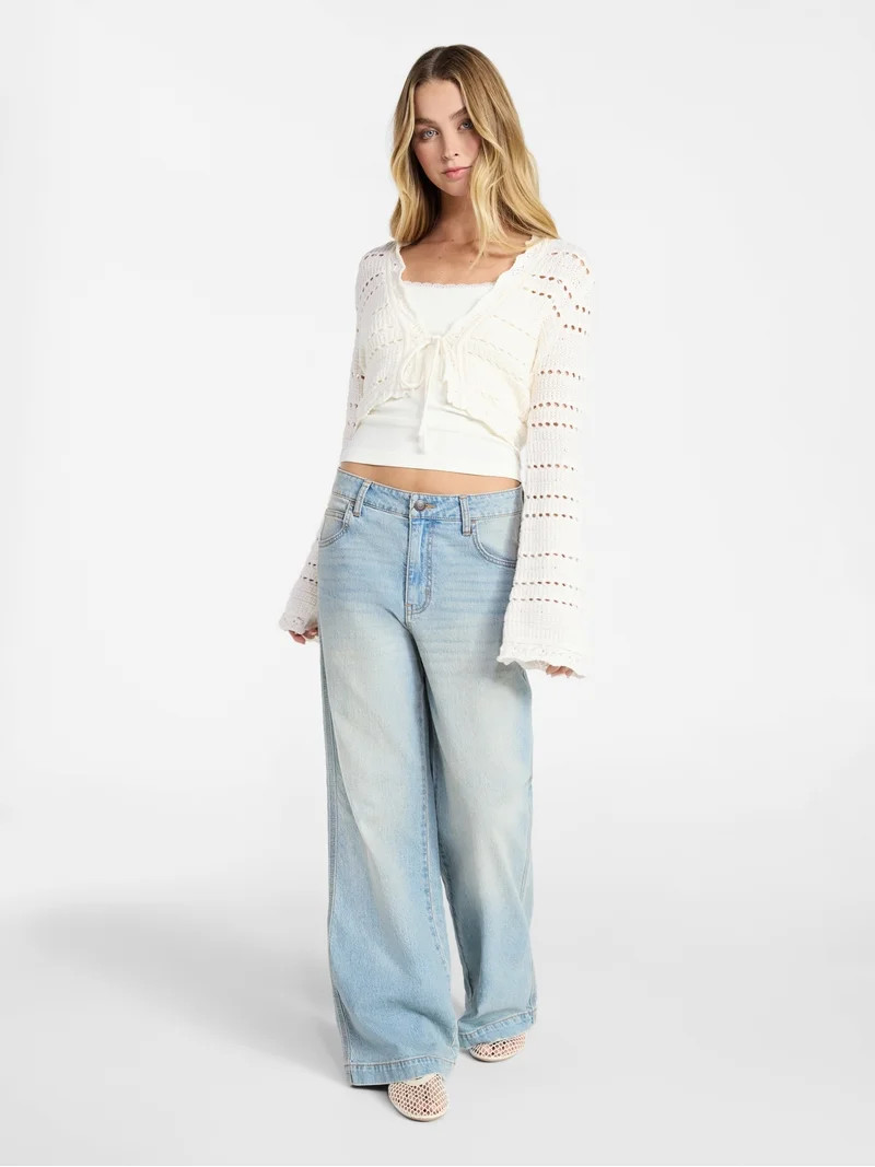 No Boundaries Tie Front Pointelle Cardigan, Women’s Sizes XXS-XXL | Walmart (US)