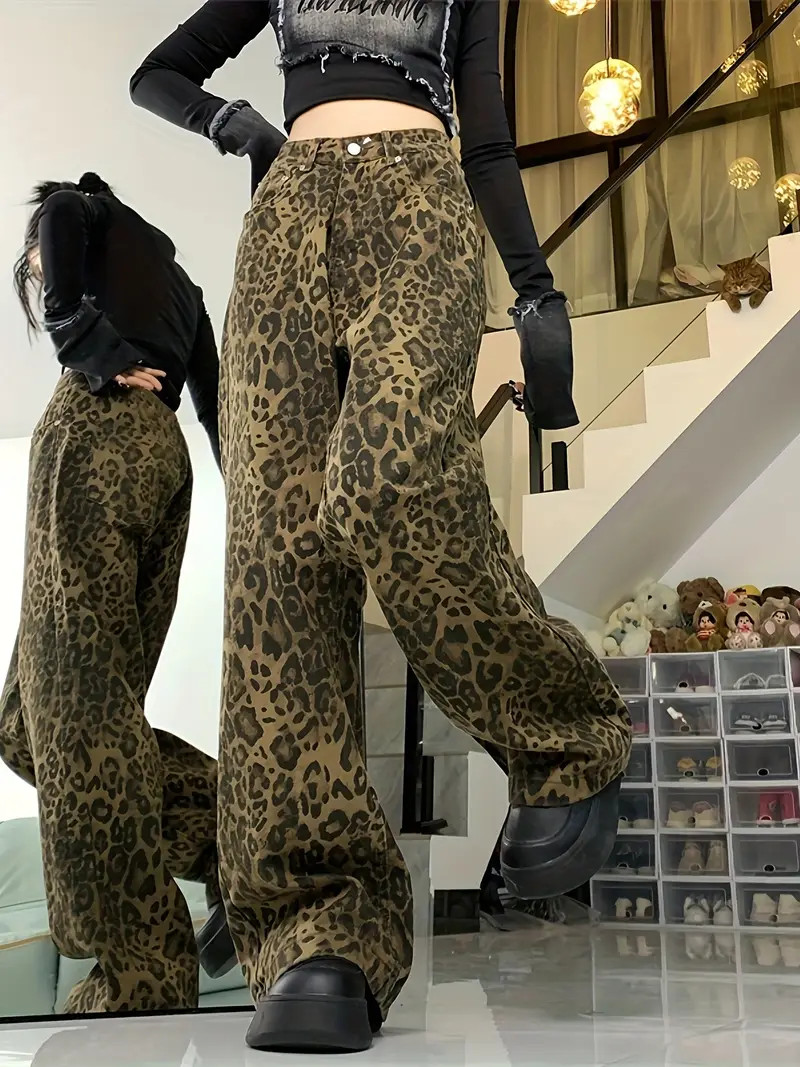 Leopard Print Chic Baggy Jeans Loose Fit Non stretch Wide - Temu | Temu Affiliate Program