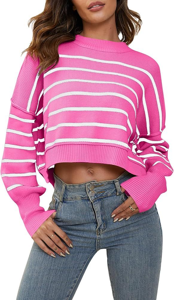 YKR Womens Striped Sweaters Cropped Crewneck Long Sleeve Side Slit Ribbed Knit Pullover Top 2023 | Amazon (US)