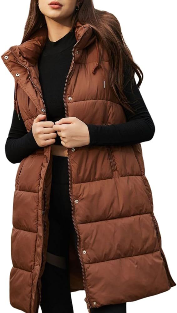 PUWEI Long Puffer Vest Women Quilted Hooded Vest Padded Sleeveless Coat Jackets With Pockets | Amazon (US)