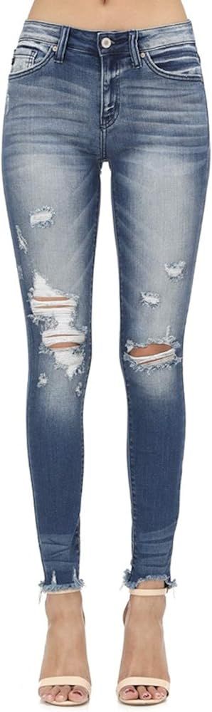 Dallas Mid-Rise Distressed Frayed Hem Medium Wash Skinny Jeans KC8349SSD | Amazon (US)