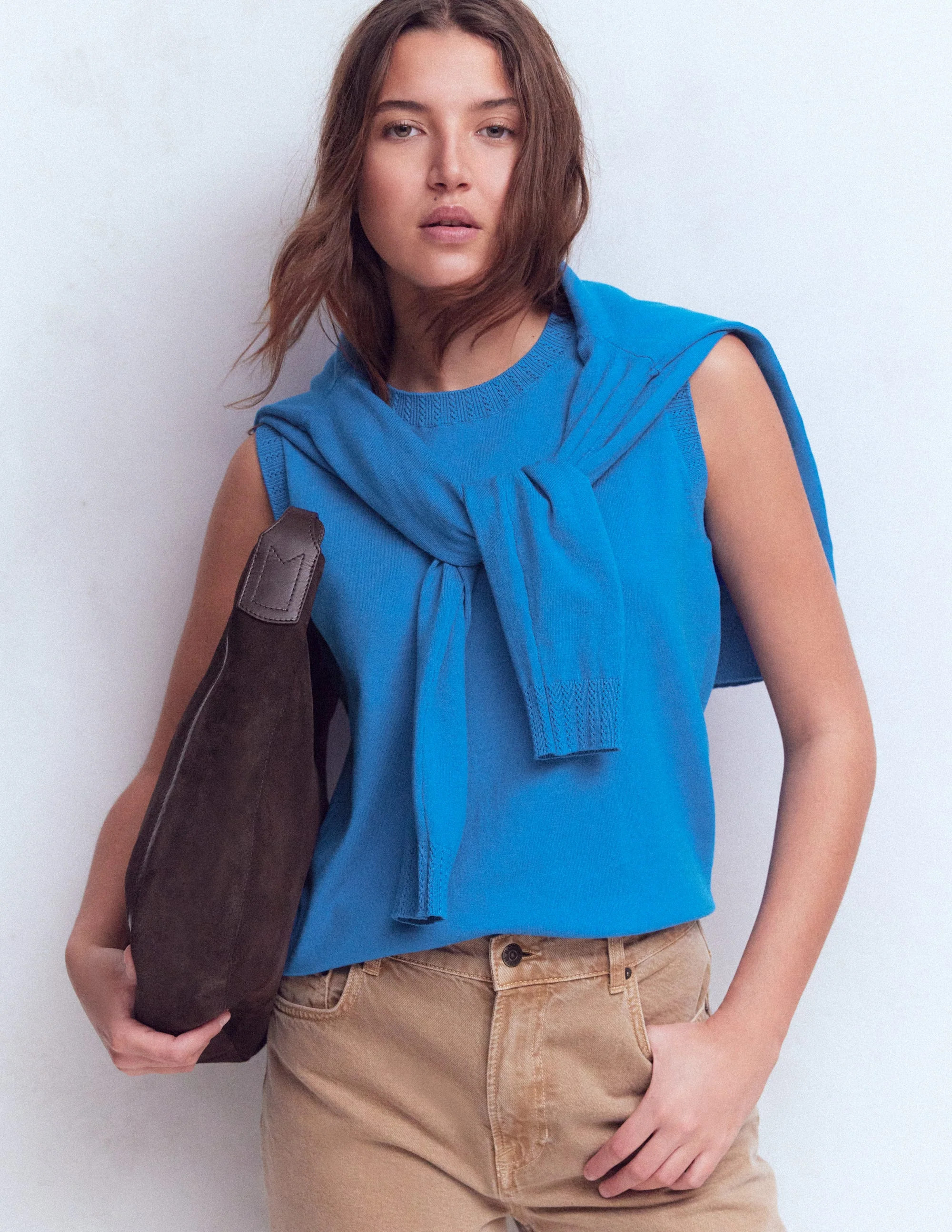 Emilia Cotton Crew Neck Vest-Kingfisher Blue | Boden (US)