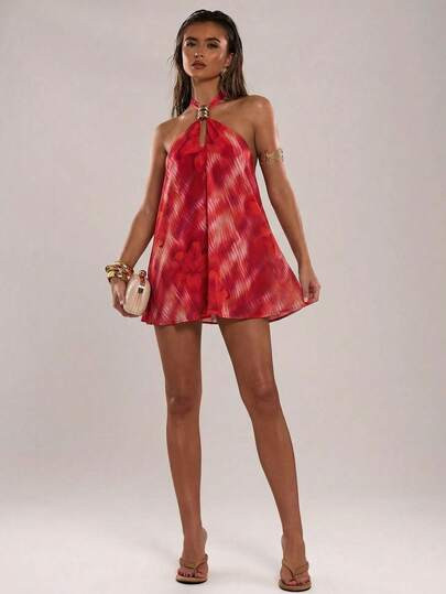 SHEIN BAE Women's Red Summer Boho Sequin Holiday Vacation Holiday Animal Print & Floral Halter Me... | SHEIN