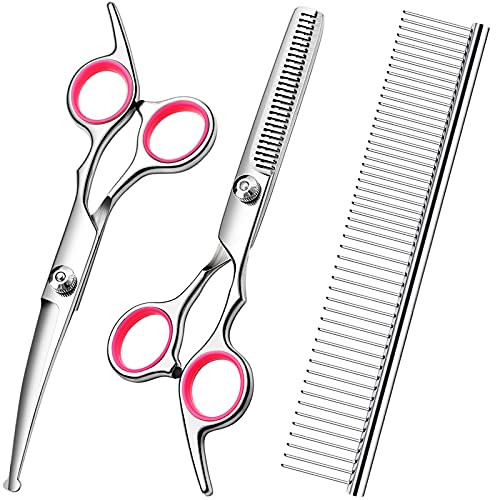 FAIGEO Dog Grooming Scissors with Safety Round Tips Stainless Steel Professional Dog Grooming Kit - Thinning, Curved Scissors and Comb for Cat Pet (Pink 4 in 1) | Amazon (US)