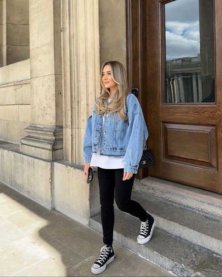 New look black skinny jeans, black platform converse, oversized white t shirt, Michelle keegan x very denim jacket  

#LTKstyletip #LTKSeasonal #LTKeurope