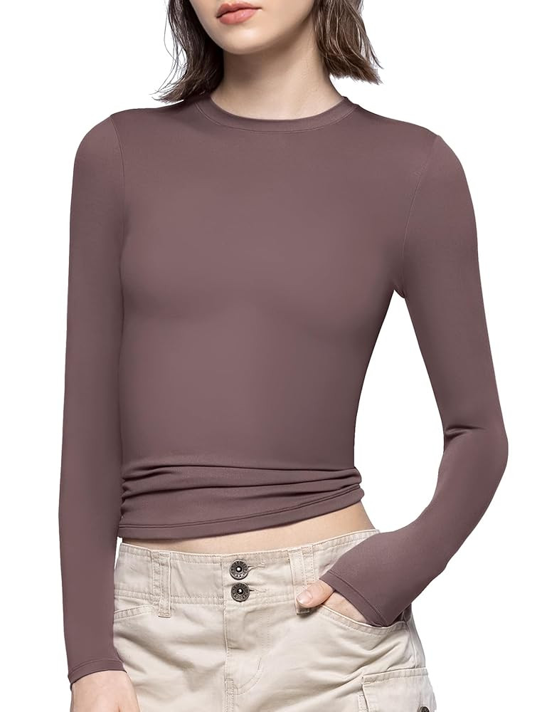 PUMIEY Camisetas de manga larga para mujer, cuello redondo, ajustadas, sexy, básica, colección ... | Amazon (US)