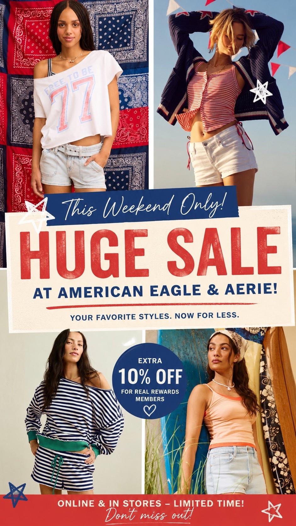 Weekend Flash Sale Alert! ⭐
If you've been eyeing new denim or summer outfits, now is the time! 30–50% OFF at American Eagle & Aerie—but only for a limited time. Tap to shop all my favorites! 🛍️

#LTKSaleAlert #LTKmomlife #LTKOver40