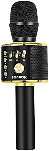BONAOK Wireless Bluetooth Karaoke Microphone, 3-in-1 Portable Handheld Mic Speaker Machine for All Smartphones, Gifts to Girls Boys Kids Adults All Age Q37(Black Gold) | Amazon (US)