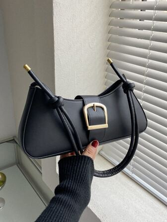 Minimalist Baguette Bag Vintage Buckle Decor Handbags Women's Solid Color Underarm Purses | SHEIN