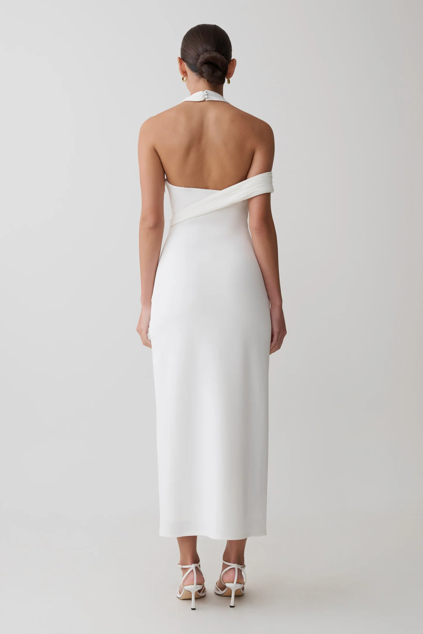 Crossover Crepe Midi Dress - White | MESHKI US