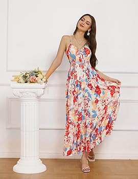 GRACE KARIN Women's 2025 Summer Maxi Dress Floral Tie Front Spaghetti Strap Casual Boho Beach Flo... | Amazon (US)