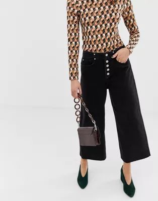 River Island wide leg culottes with button front in black denim | ASOS US