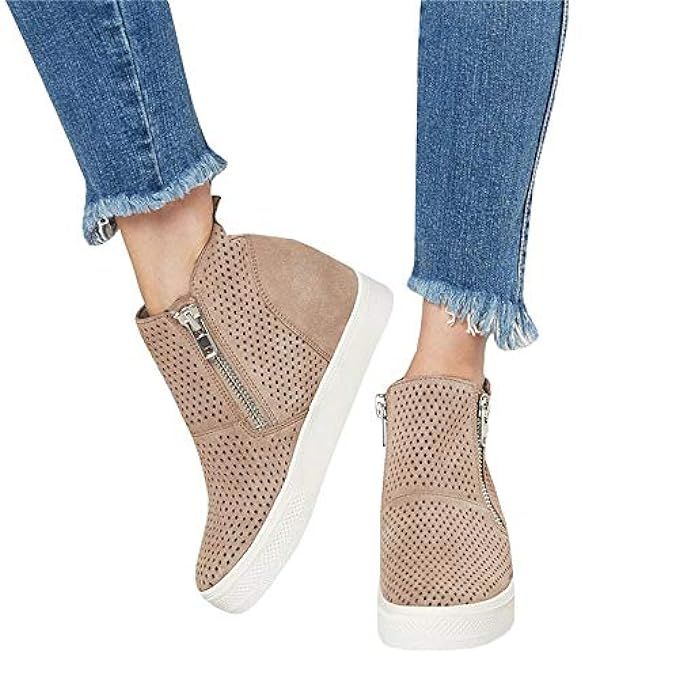Women’s Platform Sneakers Hidden Wedges Side Zipper Faux Suede Perforated Ankle Booties | Amazon (US)