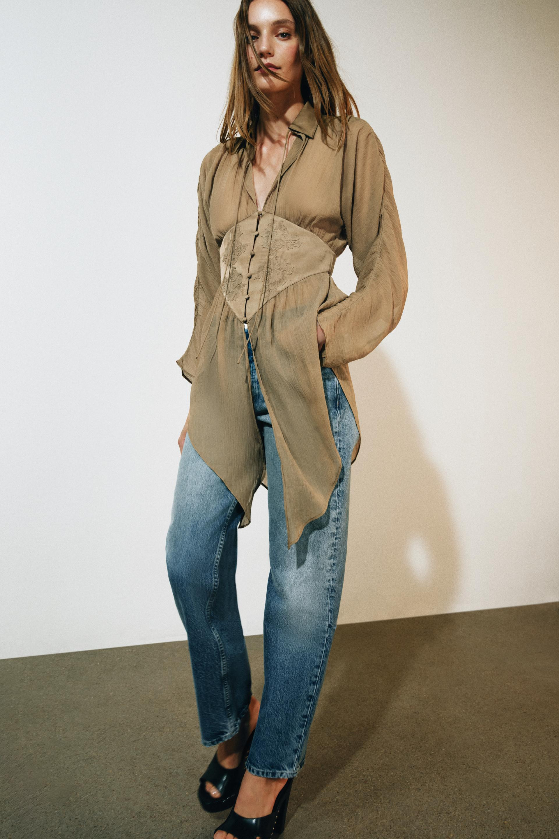Zara - Zw Collection Lace Fluid Shirt - Light Beige - S - Woman | Zara US