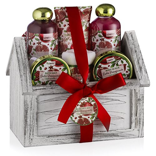 Mothers Day Gifts from Son, Home Spa Gift Basket, 8pc Bath & Body Set for Women & Men, Exotic Pomegranate Scent, Shower Gel, Bubble Bath, Lotion, Bath Salt, Body Scrub, Towel, Cosmetic Bag & Wood Case | Amazon (US)