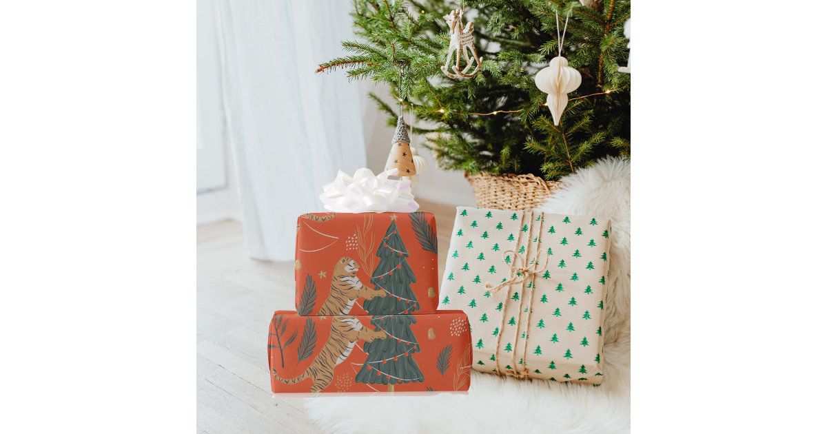 Vintage Christmas Tiger With Christmas Tree Wrapping Paper | Zazzle