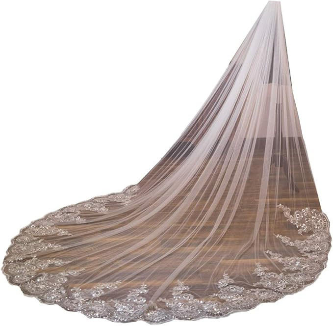U-Hotmi Women Cathedral Wedding Veil Long Bridal Veil Lace Sequins Edge with Metal Comb | Amazon (US)